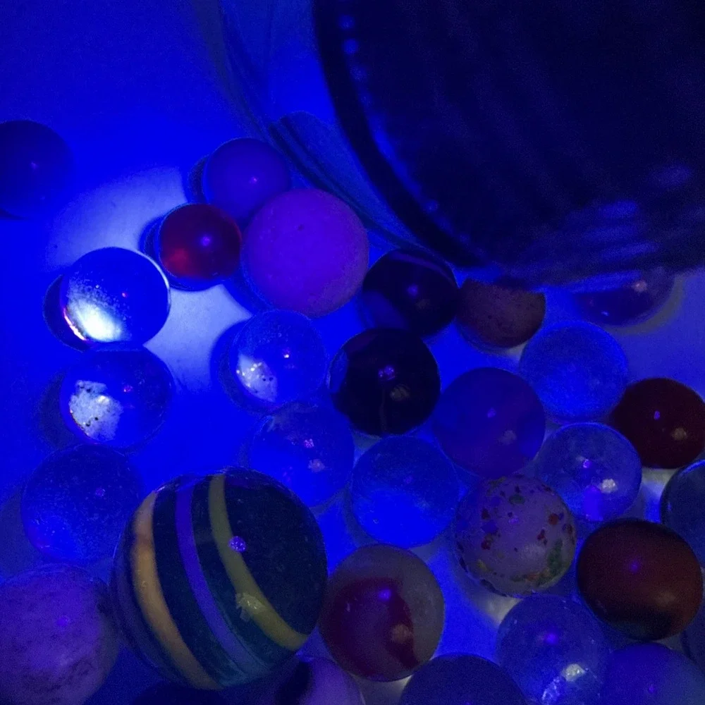 Lot Of Unique Vintage Marbles In Blue Mason Jar Some Glow- See Pics